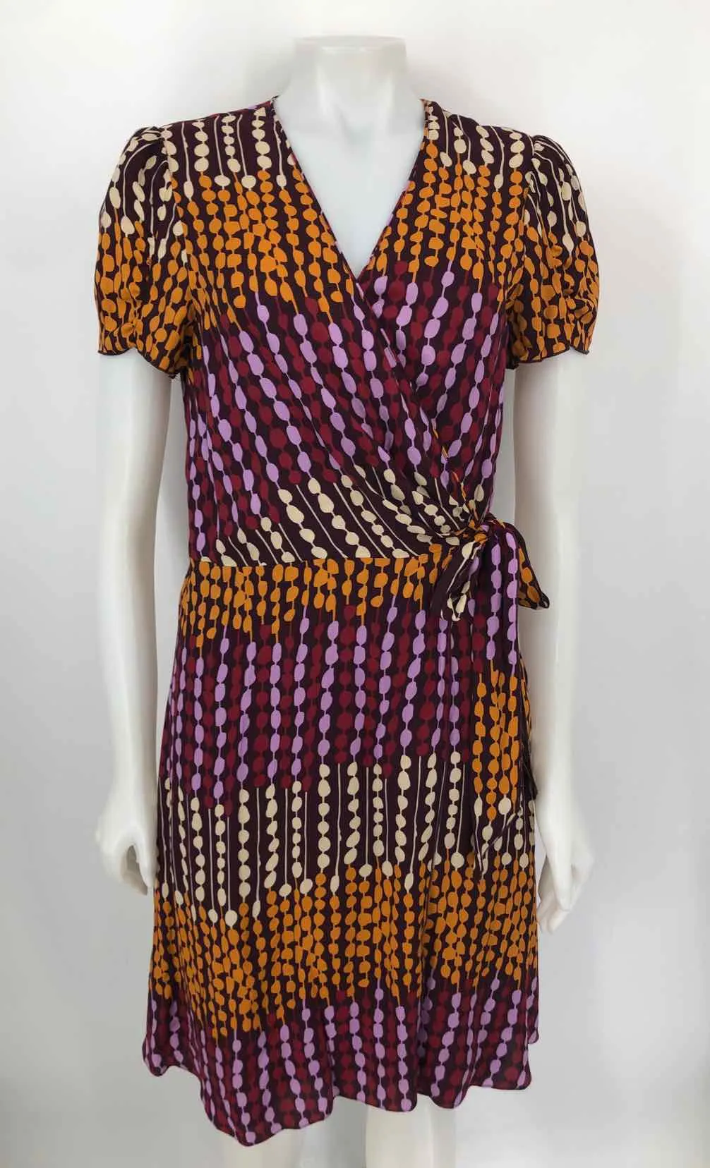 ANNA SUI Burgundy Orange Multi Silk Blend Print Wrap Size 10  (M) Dress