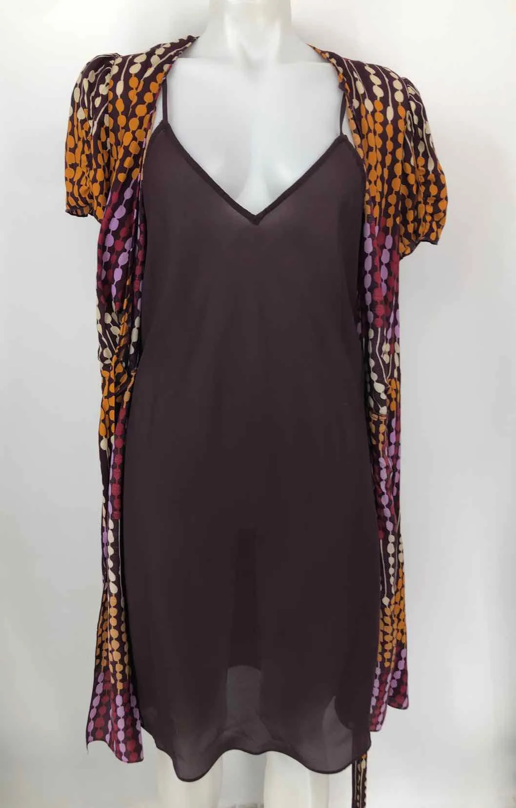 ANNA SUI Burgundy Orange Multi Silk Blend Print Wrap Size 10  (M) Dress