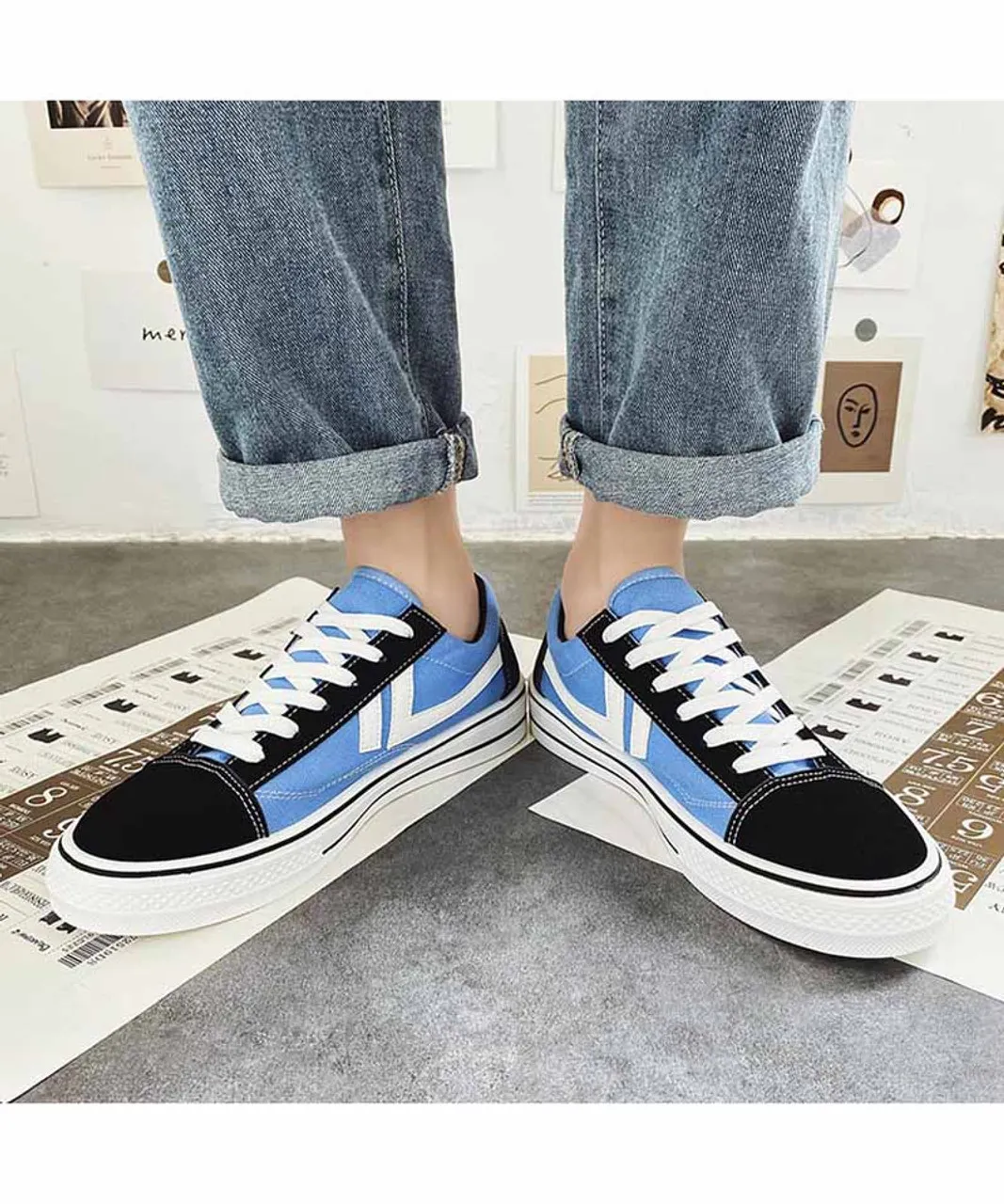 Blue canvas stripe pattern lace up shoe sneaker