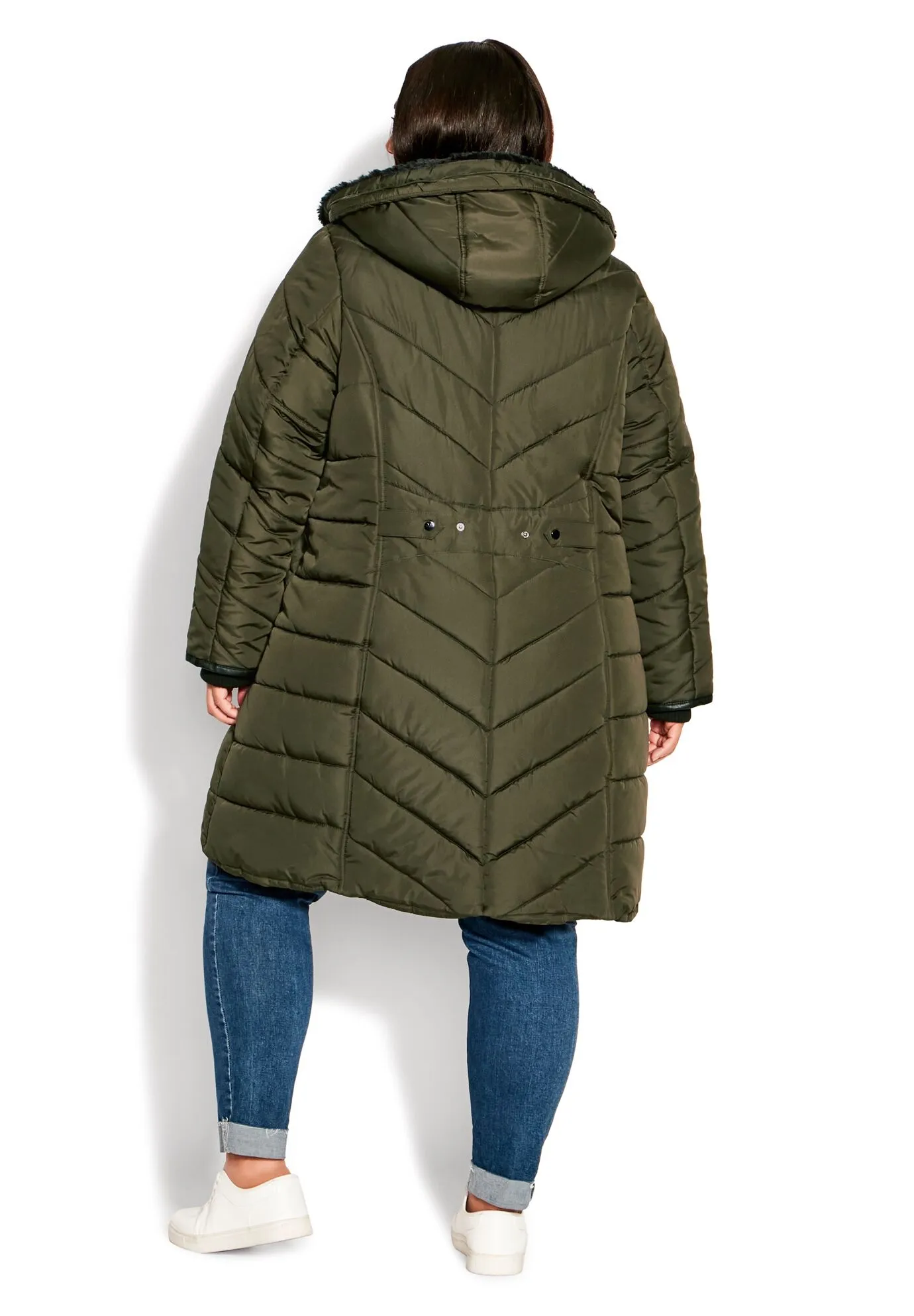 Chevron Faux Fur Hood Long Puffer Coat