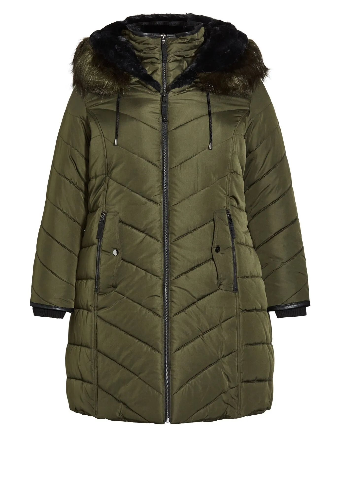 Chevron Faux Fur Hood Long Puffer Coat