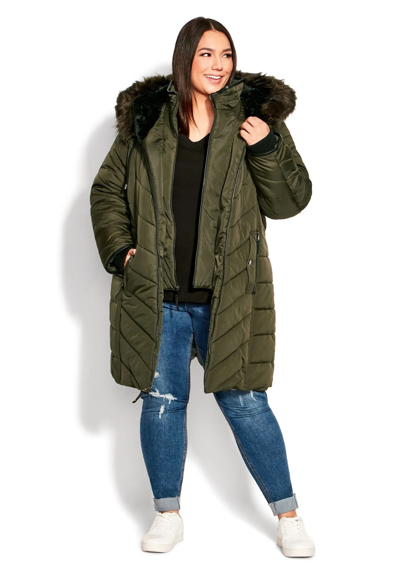 Chevron Faux Fur Hood Long Puffer Coat