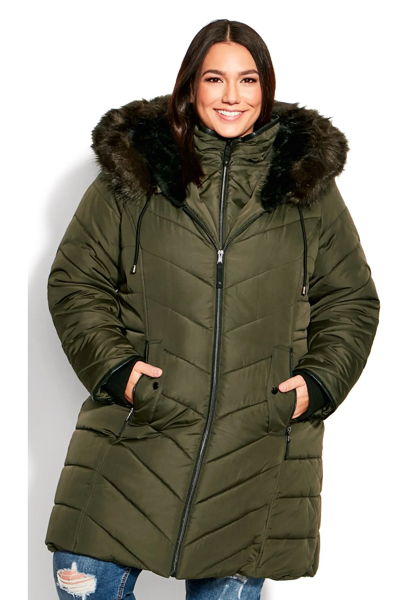 Chevron Faux Fur Hood Long Puffer Coat