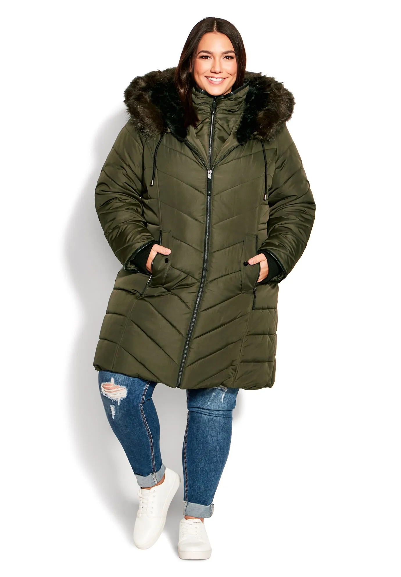 Chevron Faux Fur Hood Long Puffer Coat