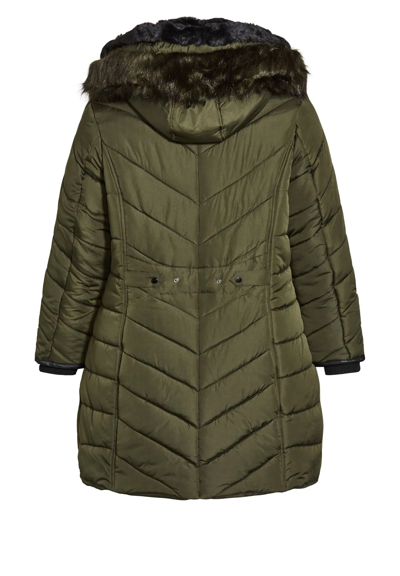 Chevron Faux Fur Hood Long Puffer Coat