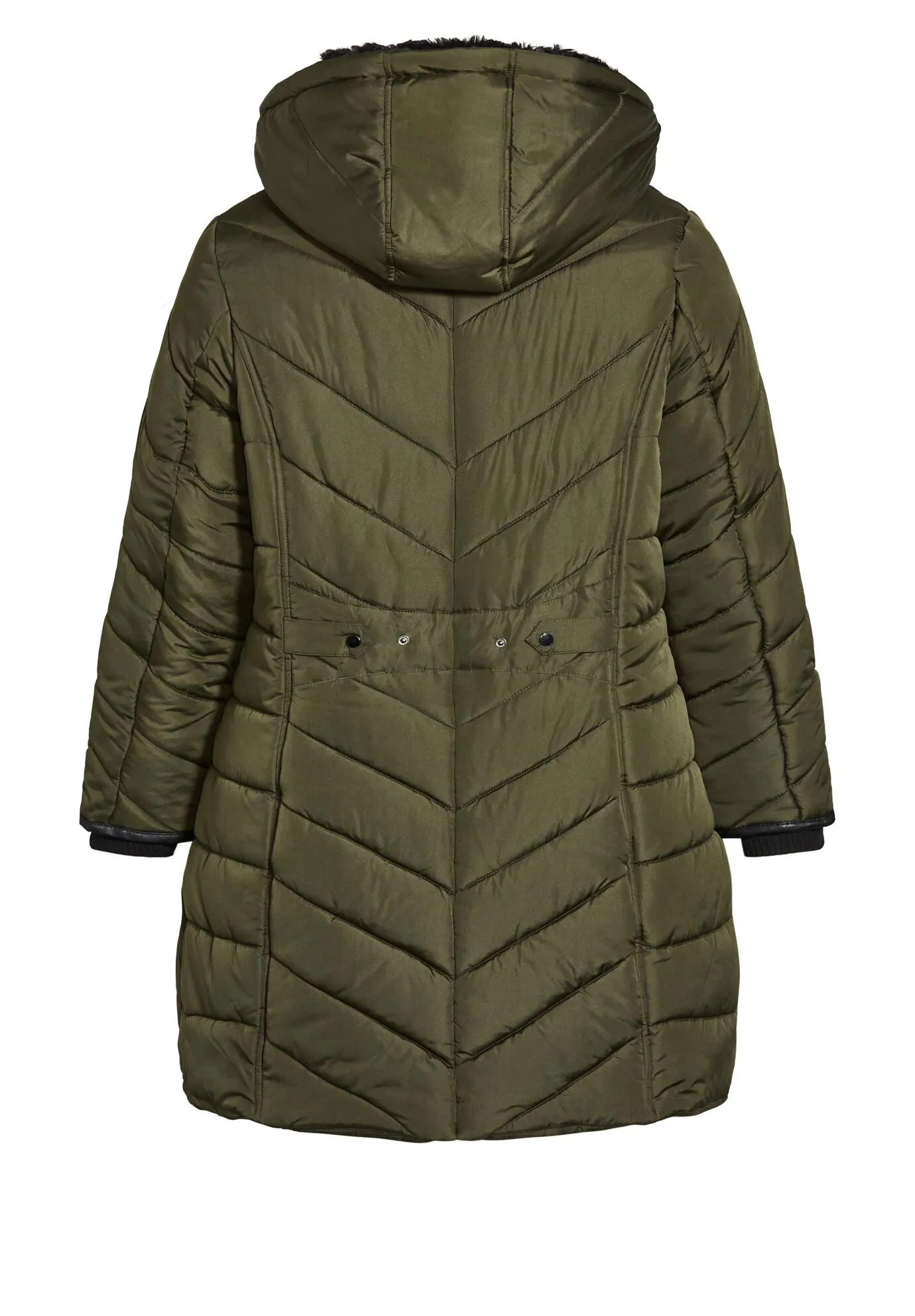 Chevron Faux Fur Hood Long Puffer Coat