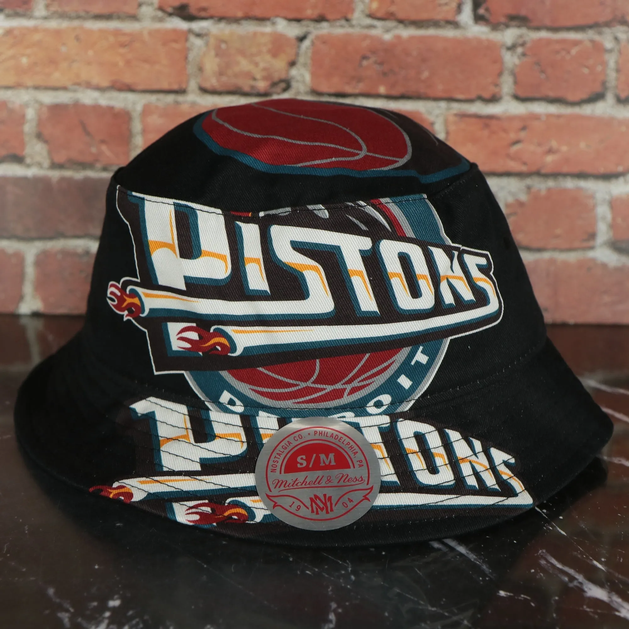 Detroit Pistons All Over Vintage Logo Cut Up Bucket Hat | Black