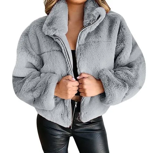 Fashion Solid Color Patchwork Polyester Zipper Coat Plush Coat