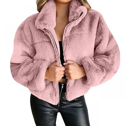 Fashion Solid Color Patchwork Polyester Zipper Coat Plush Coat