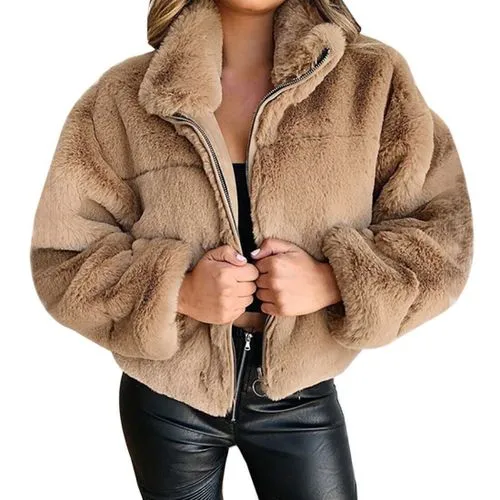 Fashion Solid Color Patchwork Polyester Zipper Coat Plush Coat