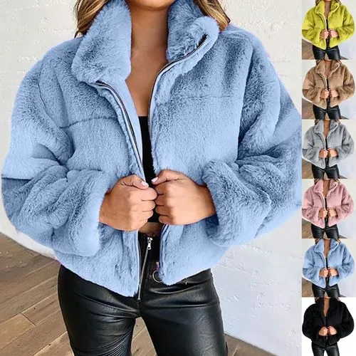 Fashion Solid Color Patchwork Polyester Zipper Coat Plush Coat