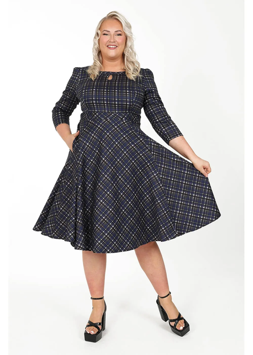 Hearts & Roses Anna Check 50's Swing Dress Navy