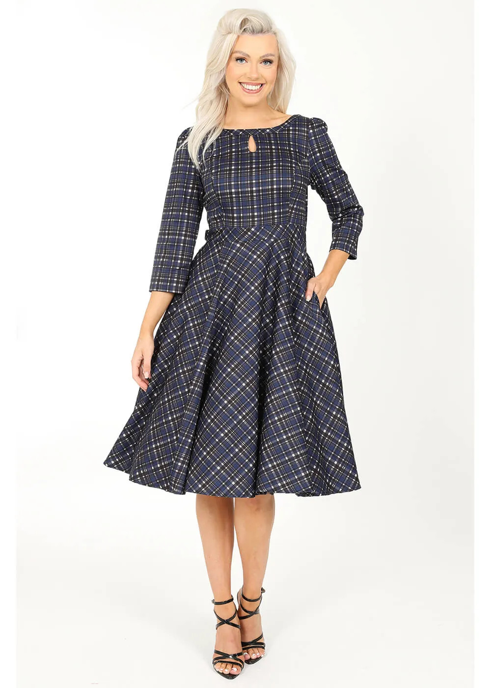 Hearts & Roses Anna Check 50's Swing Dress Navy