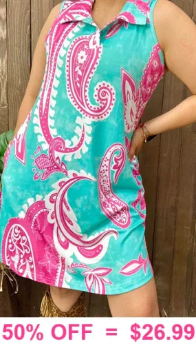 L, X, L, 2X, 3X Turquoise and Pink Paisley collar dress