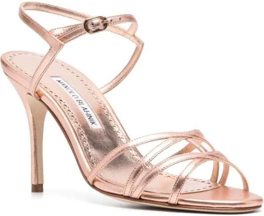 Manolo Blahnik 100mm metallic-effect leather sandals Pink