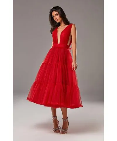 Milla Women's Red Tender Midi Plunging Neckline Cut Out Dress