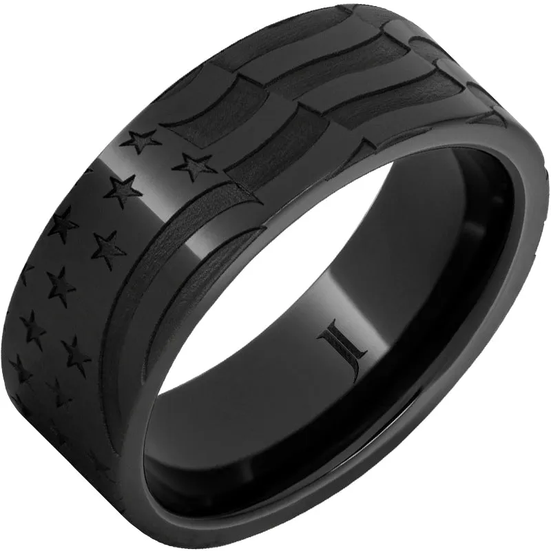 Old Glory - Black Diamond Ceramic Men's Ring with American Flag Engraving