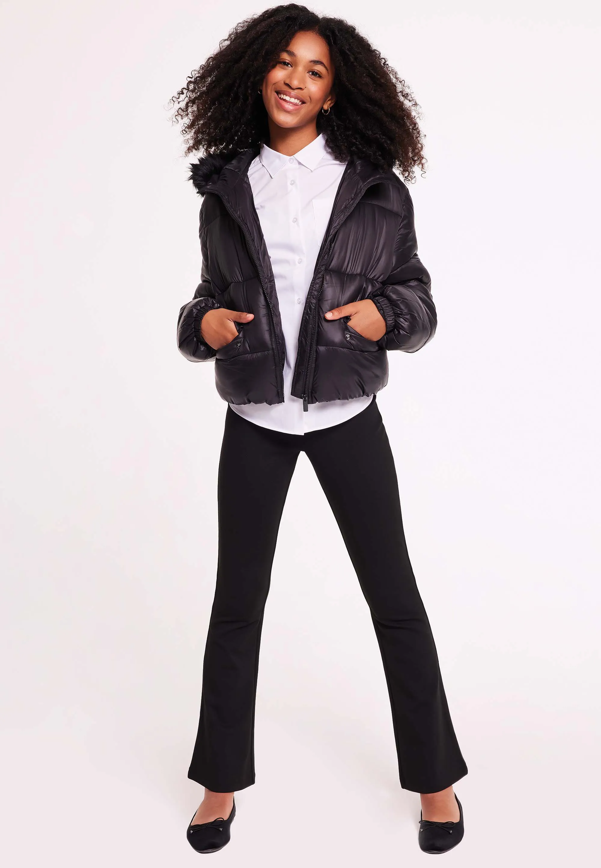 Older Girls Black Padded Sheen Coat