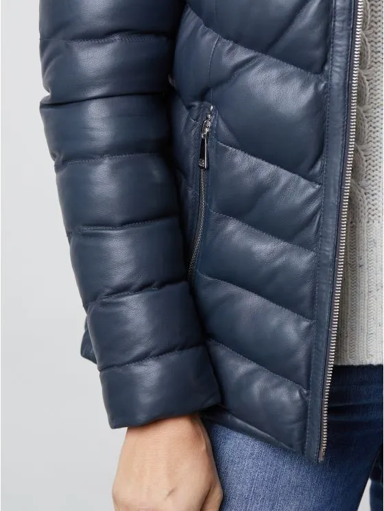 Pica Hooded Padded Leather Coat in Navy