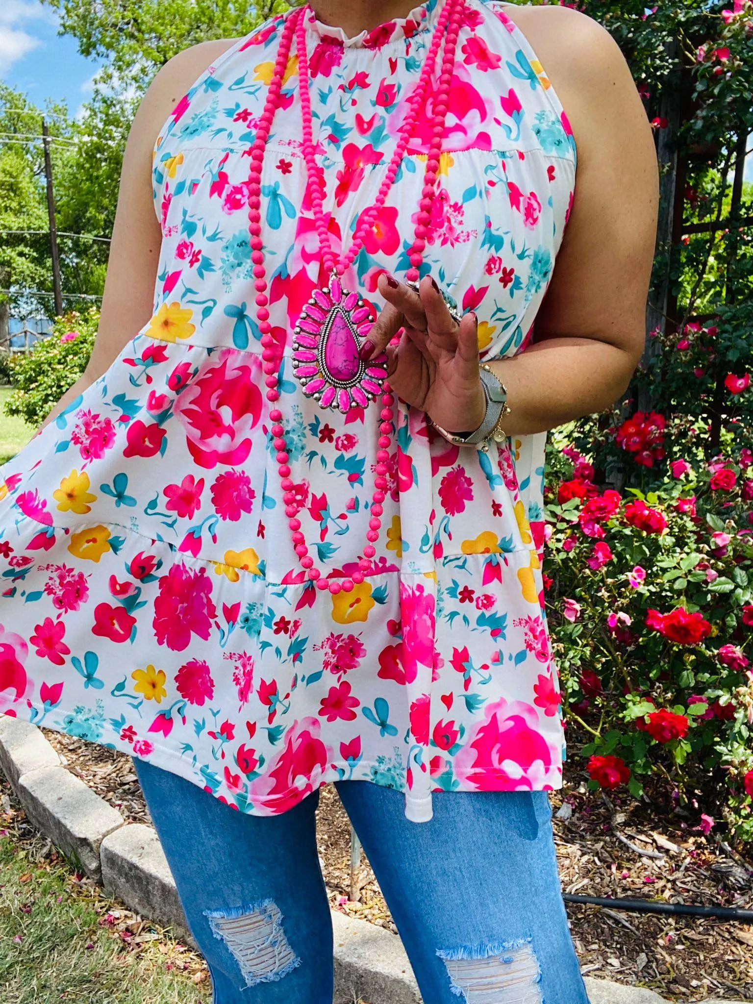 Pink Floral White Sleeveless baby doll top