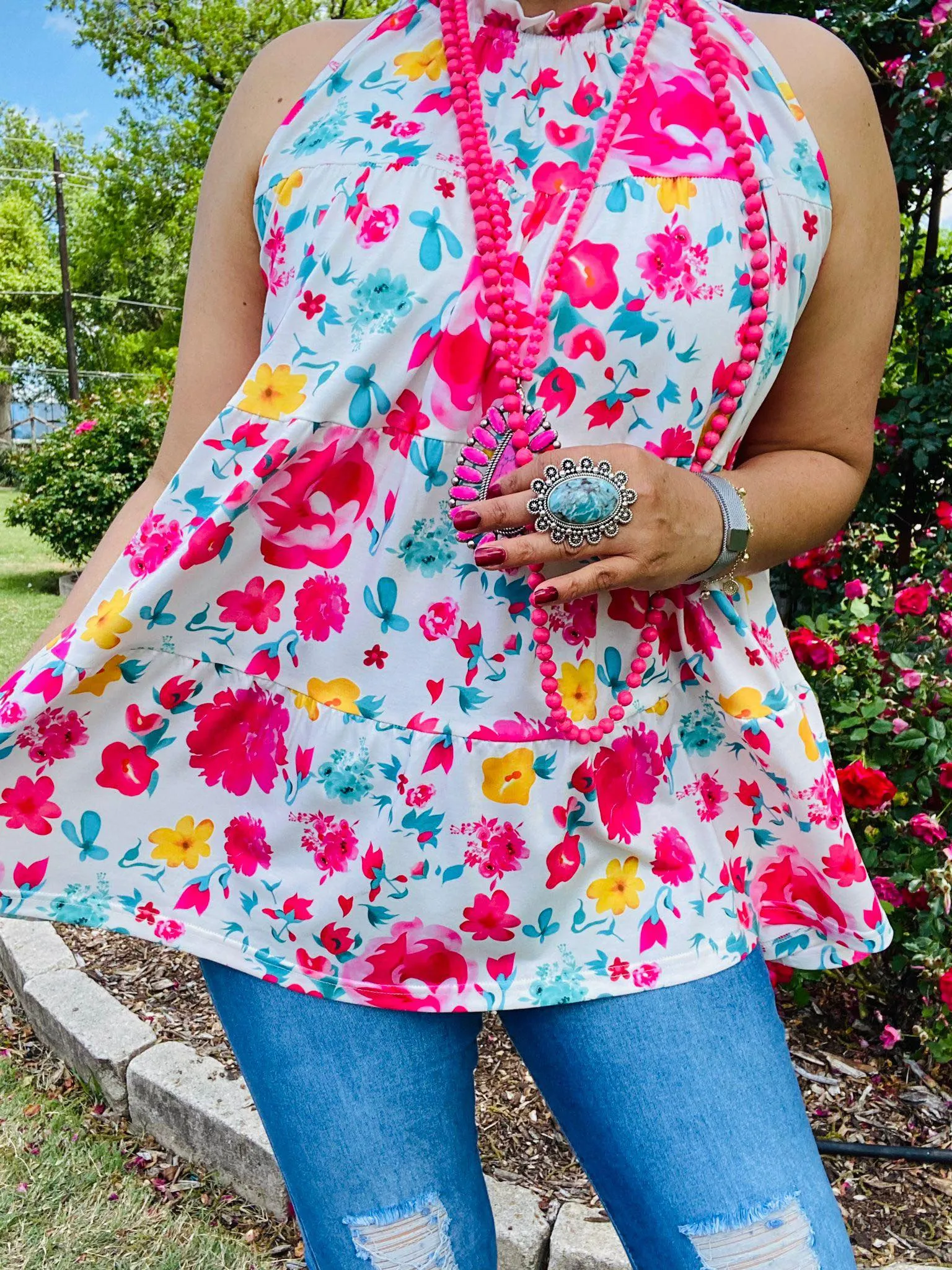 Pink Floral White Sleeveless baby doll top