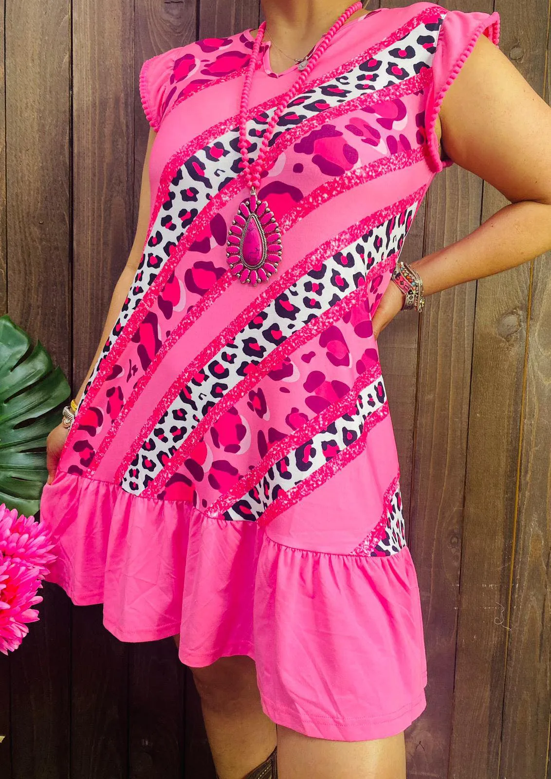 Pink Leopard Dress with ruffle trim