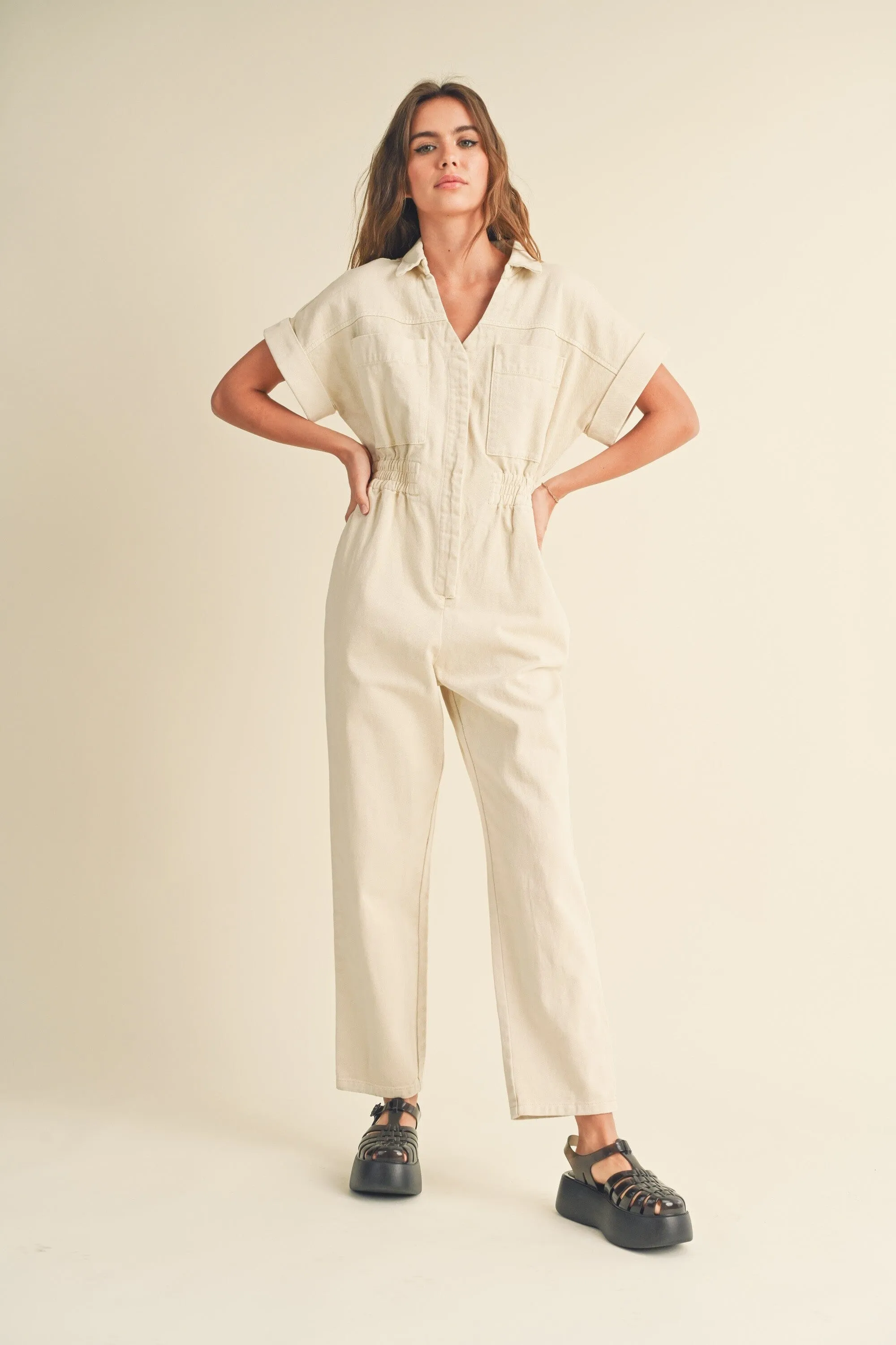 The Avery Short Sleeve Jumpsuit - Beige