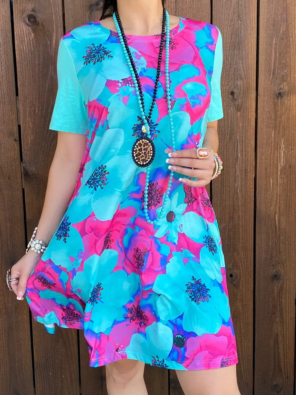 Turquoise & Pink Floral Dress with pockets