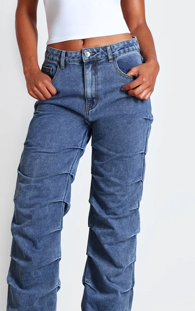 Vintage Wash Ruched Straight Leg Denim Jeans