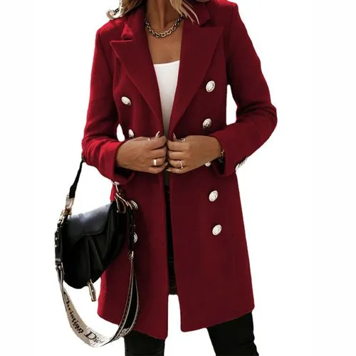 Women's British Style Solid Color Button Double Breasted Coat Woolen Coat