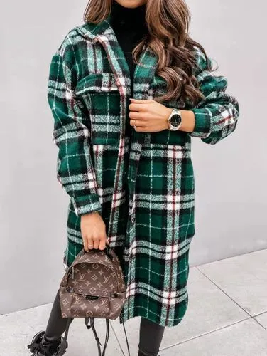 Women's Casual Plaid Button Single Breasted Coat Woolen Coat