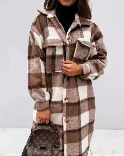 Women's Casual Plaid Button Single Breasted Coat Woolen Coat