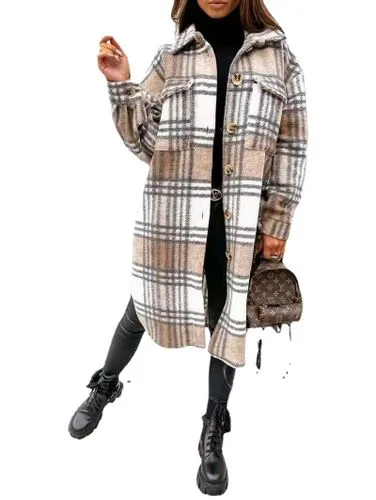 Women's Casual Plaid Button Single Breasted Coat Woolen Coat