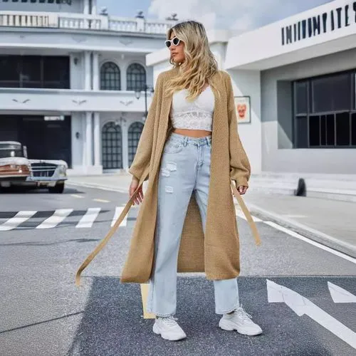 Women's Casual Streetwear Solid Color Tie Coat Sweater Coat