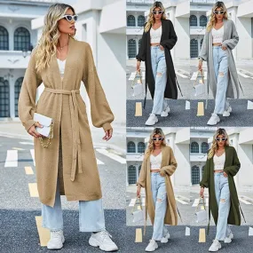 Women's Casual Streetwear Solid Color Tie Coat Sweater Coat