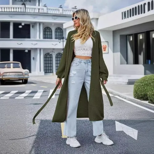 Women's Casual Streetwear Solid Color Tie Coat Sweater Coat