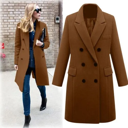 Women's Classic Style Solid Color Double Breasted Coat Woolen Coat