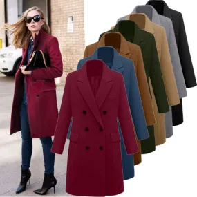 Women's Classic Style Solid Color Double Breasted Coat Woolen Coat