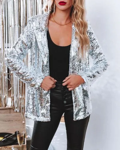 Women's Fashion Solid Color Sequins Placket Coat Blazer