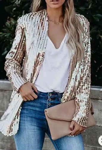 Women's Fashion Solid Color Sequins Placket Coat Blazer