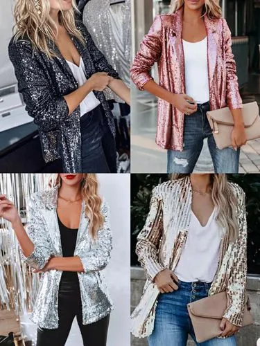 Women's Fashion Solid Color Sequins Placket Coat Blazer