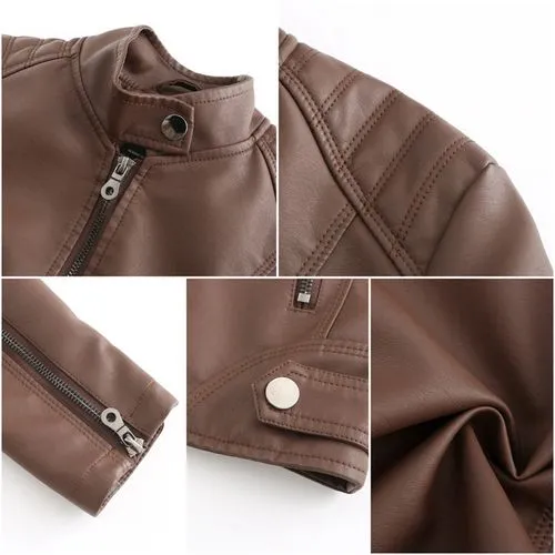 Women'S Fashion Solid Color Zipper Leather Jacket Jacket