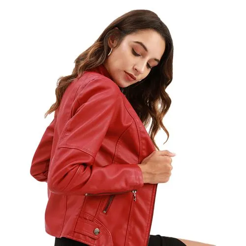 Women'S Fashion Solid Color Zipper Leather Jacket Jacket