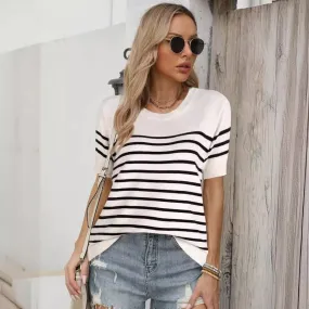 Women's Knitwear Short Sleeve Sweaters & Cardigans Contrast Binding Hollow Out Casual Streetwear Stripe