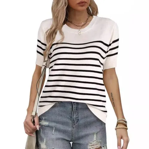 Women's Knitwear Short Sleeve Sweaters & Cardigans Contrast Binding Hollow Out Casual Streetwear Stripe