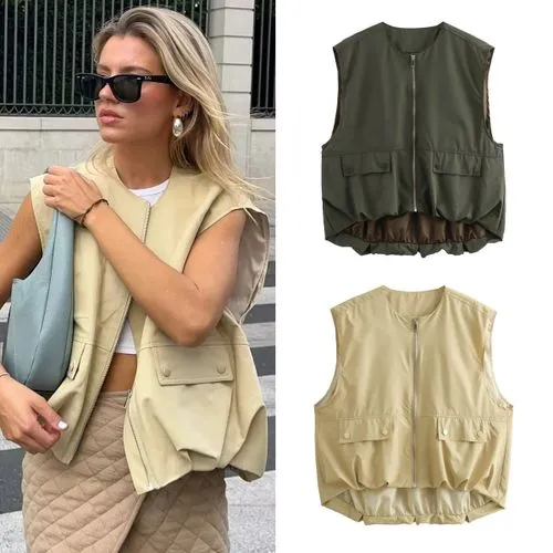 Women's Streetwear Solid Color Pocket Zipper Coat Vest