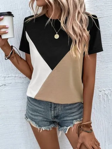 Women's T-shirt Short Sleeve T-shirts Patchwork Contrast Binding Streetwear Color Block