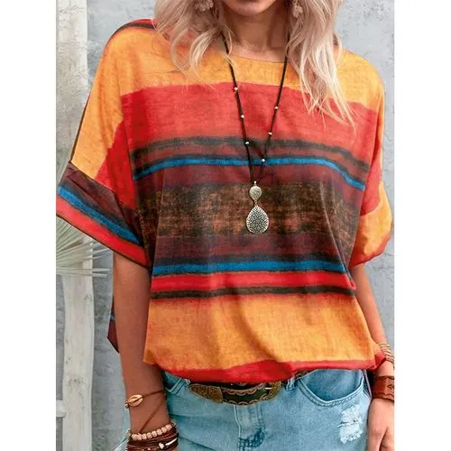 Women's T-shirt Short Sleeve T-shirts Printing Casual Stripe