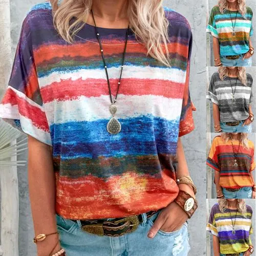 Women's T-shirt Short Sleeve T-shirts Printing Casual Stripe