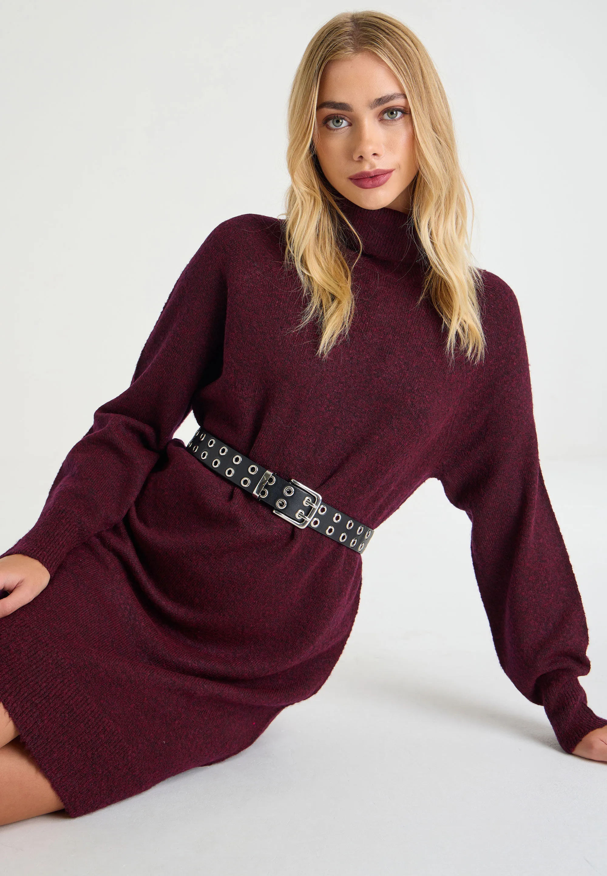 Womens Burgundy Roll Neck Jumper Dress